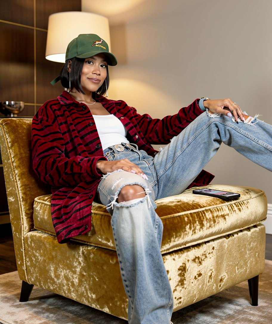 Nia National — kicked back. Unbothered. The system's running.